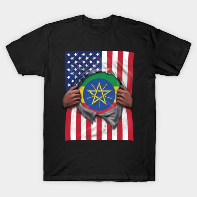 Ethiopia Flag American Flag Ripped - Gift for Ethiopian From Ethiopia T-Shirt by Country Flags
